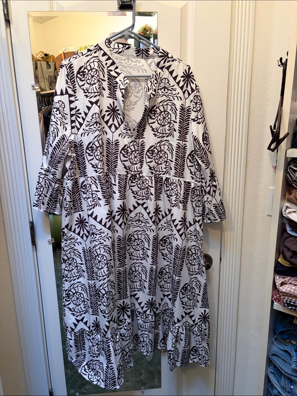 Printed Black & White Tiered Midi Dress